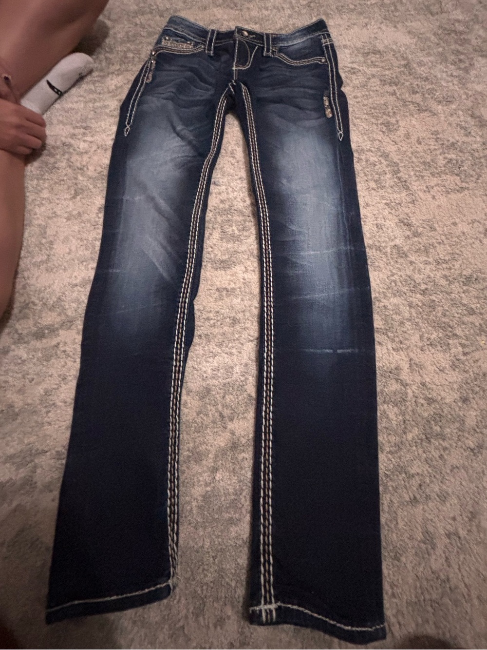 Rock Revival Women's Skinny Jeans in Dark Blue with White Contrast Stitching